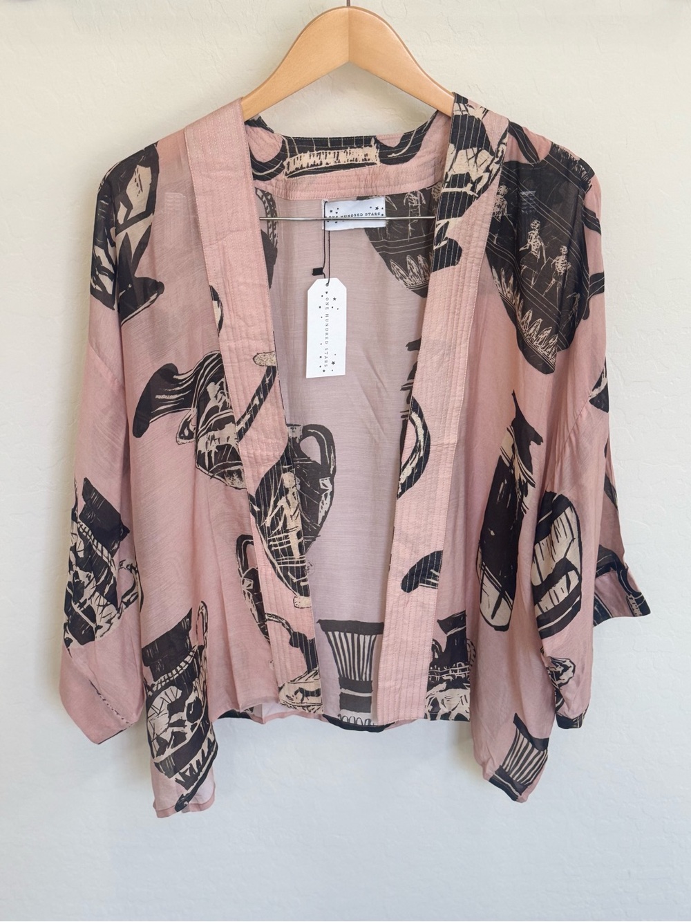 One Hundred Stars Plaster Pink Greek Pots Kimono Jacket Boho Modal Cupro OS